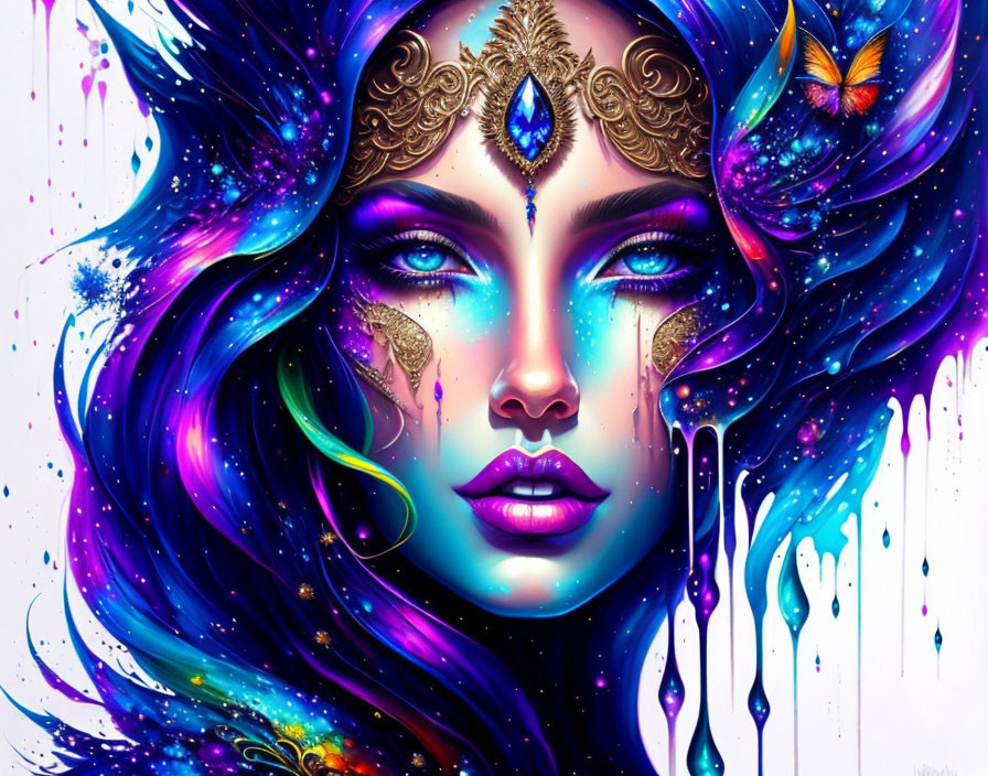 Colorful digital art portrait of a woman with cosmic makeup and jewels, butterfly included