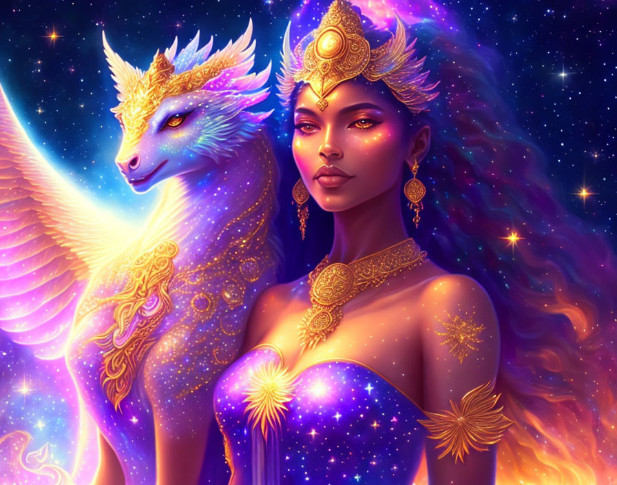 Mystical woman with golden jewelry and celestial winged creature