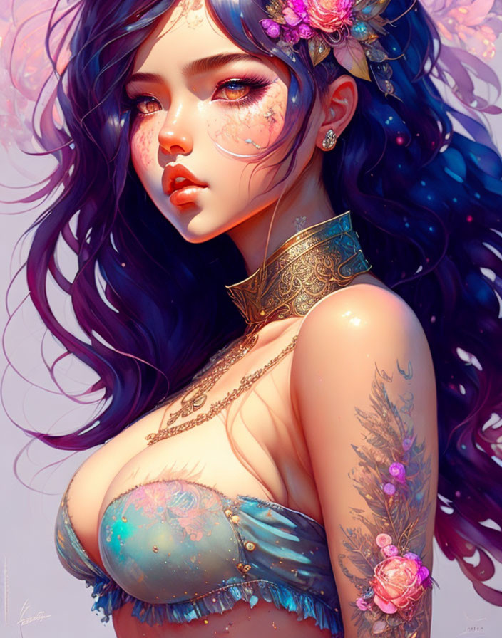 Illustrated fantasy woman with purple hair, floral adornments, tattoos, and ethereal aura