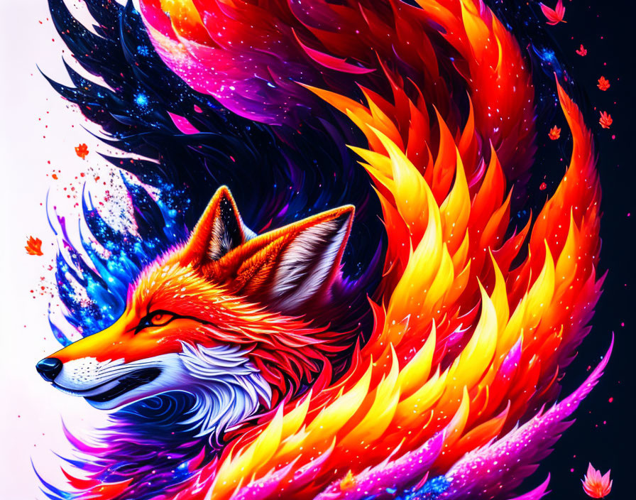 Colorful Fox Illustration with Cosmic Background and Stars