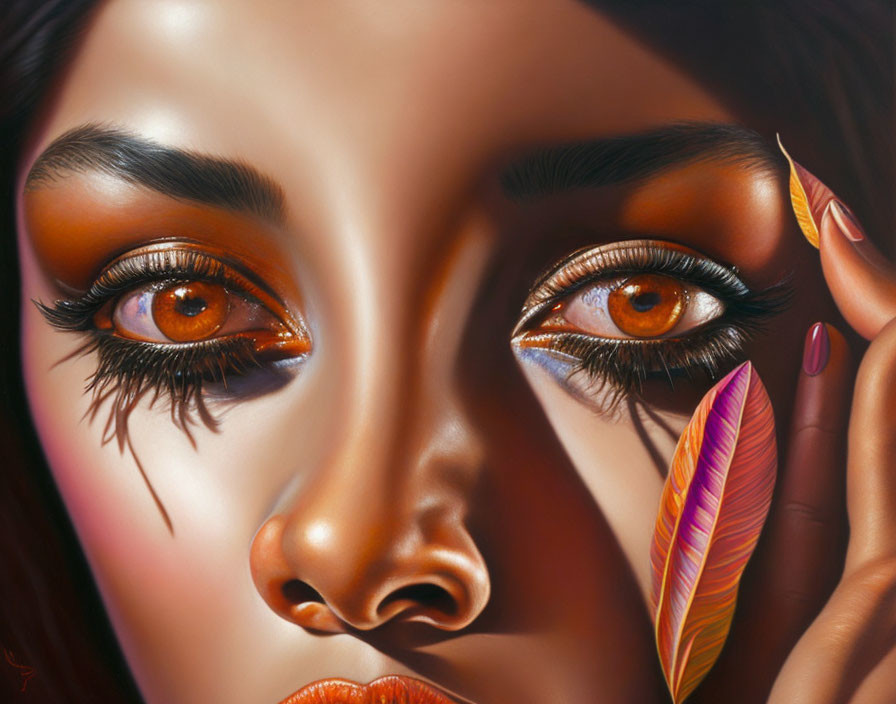 Hyper-realistic painting of a woman with striking brown eyes and a feather in hand