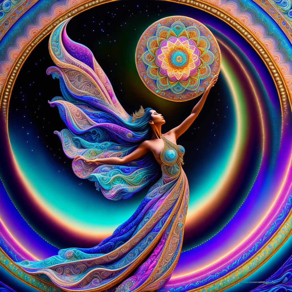 Colorful digital art: Woman in ornate attire reaching a mandala against cosmic backdrop