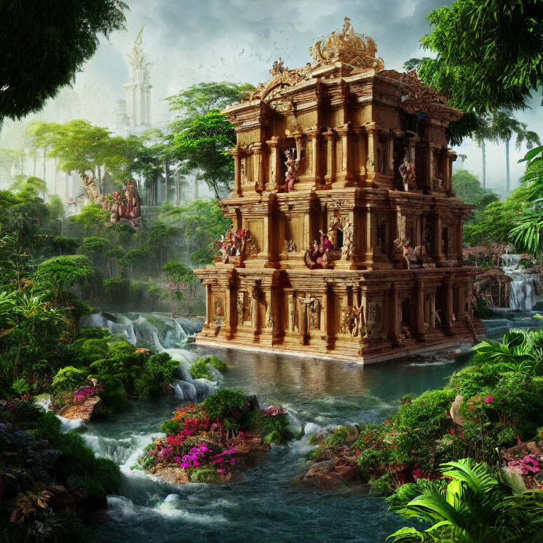 Ancient temple in lush greenery with waterfalls in serene landscape