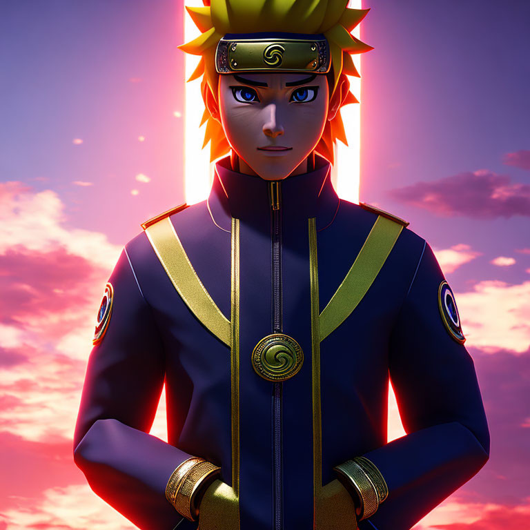 Spiky Blond-Haired Anime Character in Blue and Black Jacket Against Purple Sky