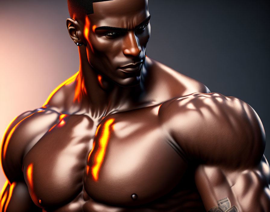 Muscular Man 3D Illustration with Glowing Orange Lines