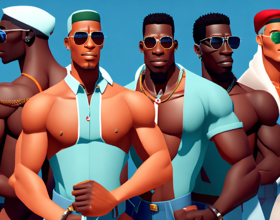 Five muscular male figures in summer attire and sunglasses on blue background.