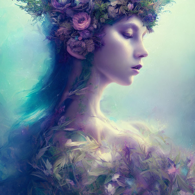 Woman with Floral Crown Blending into Flower Bouquet