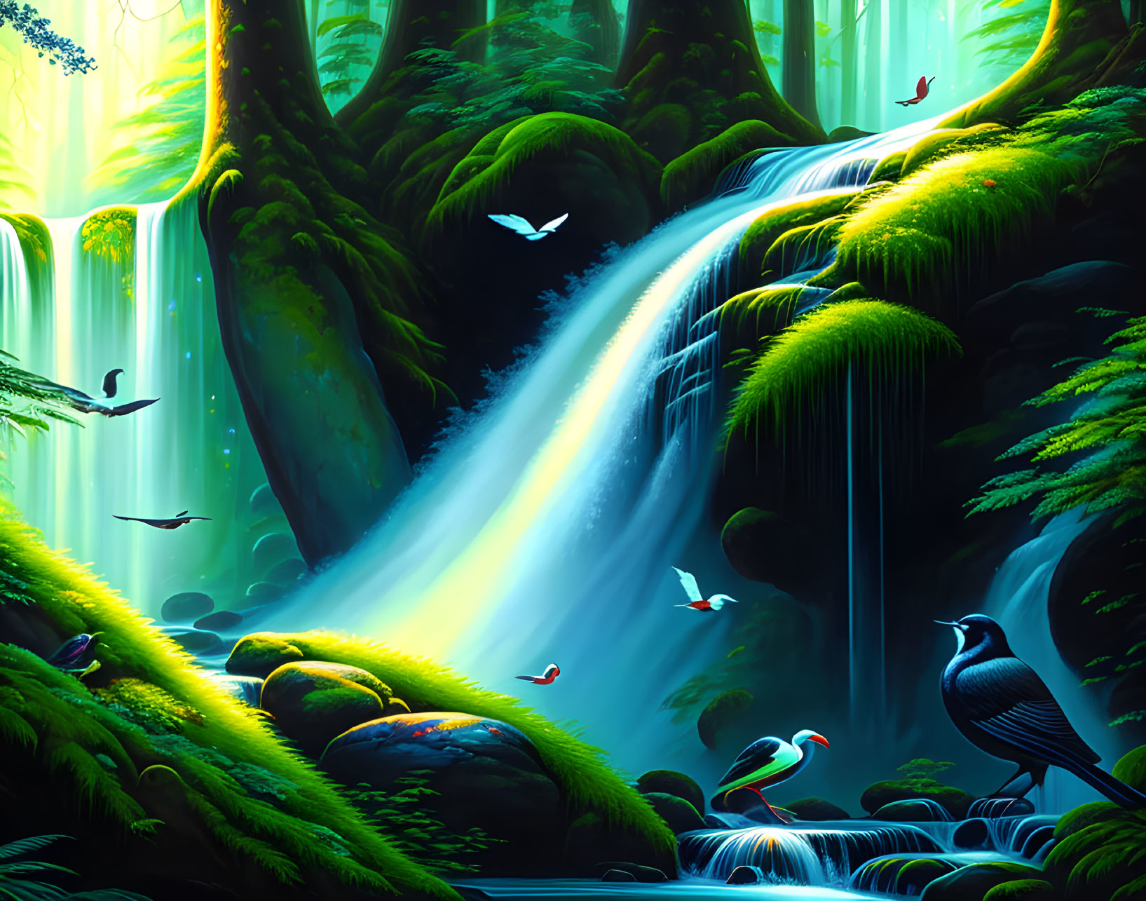 Lush green forest with waterfalls, light rays, and birds in serene scene