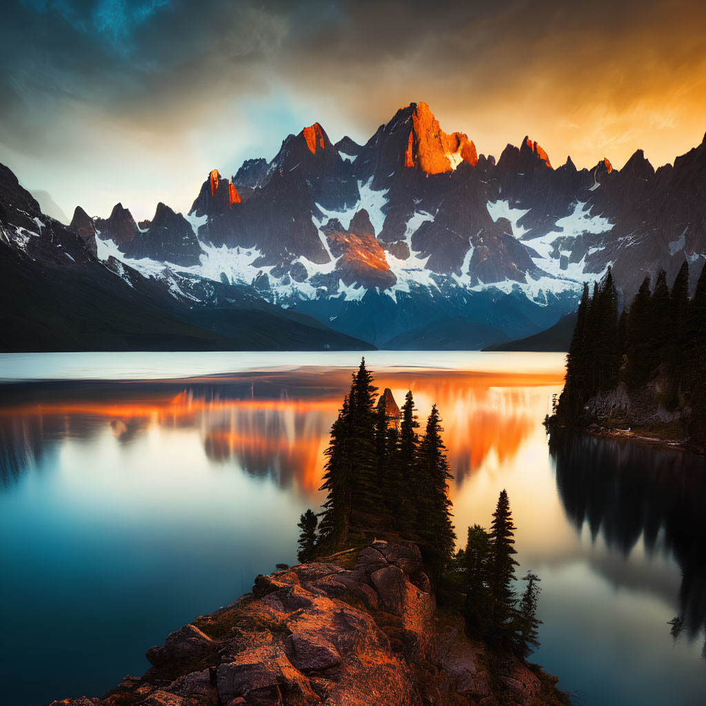 Tranquil sunrise over mountain range and lake with pine tree silhouettes