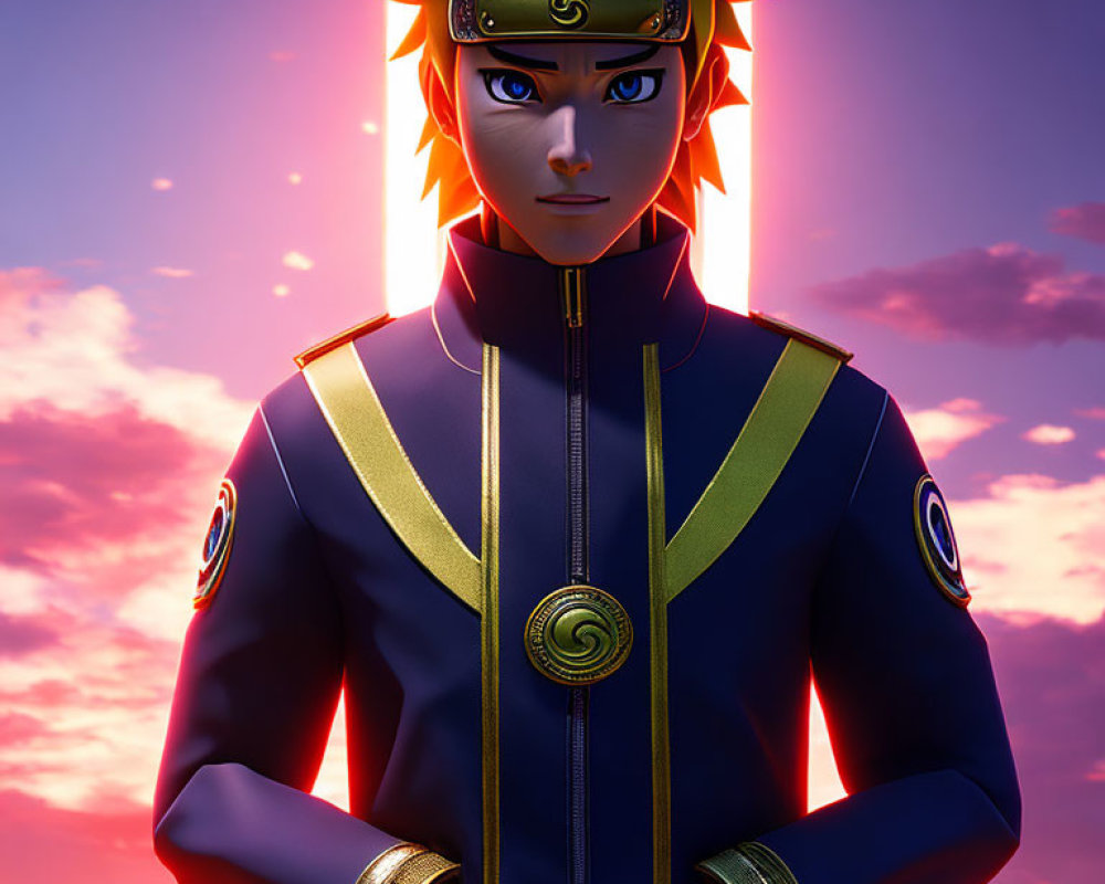 Spiky Blond-Haired Anime Character in Blue and Black Jacket Against Purple Sky