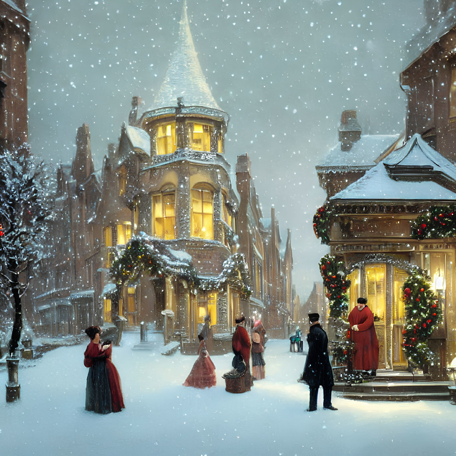 Victorian-style snowfall scene with period clothing and Christmas decorations