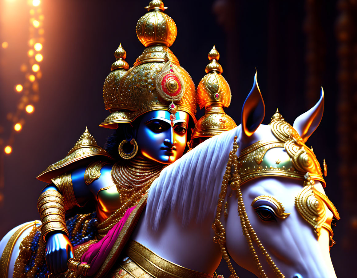 Blue-skinned figure in golden armor on white horse with intricate details