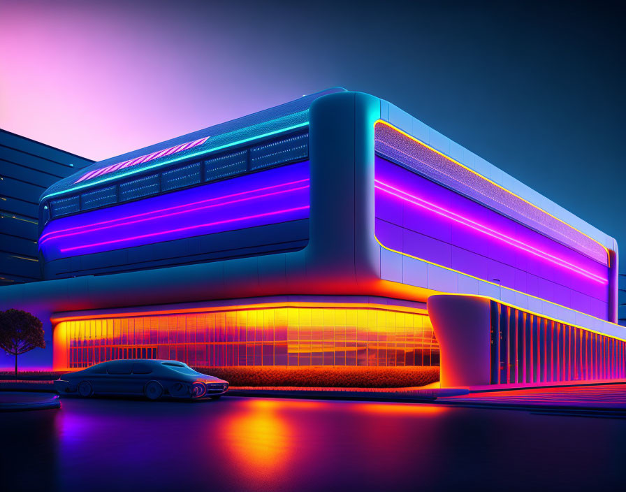 Futuristic neon-lit building with vintage car at dusk