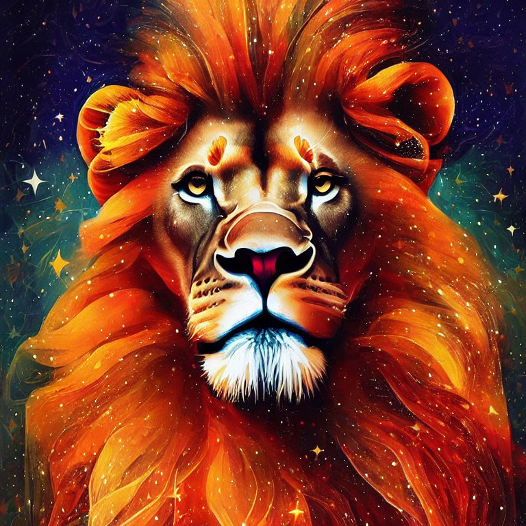 Majestic cosmic lion with vibrant mane on starry blue background