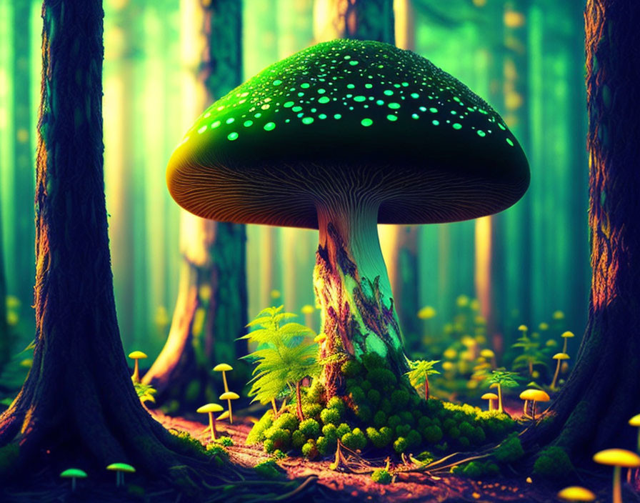 Enormous glowing mushroom in magical forest landscape