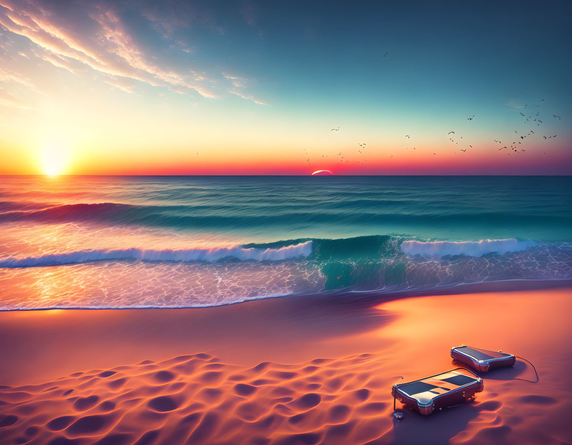 Tranquil beach sunset with suitcases, rolling waves, and birds