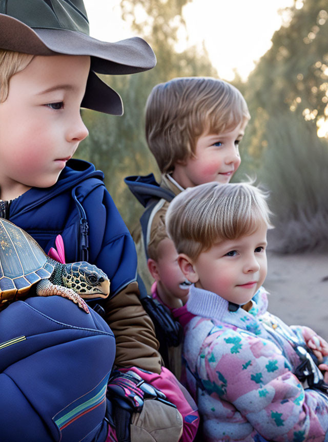 Three children with toy turtle, curious expressions outdoors