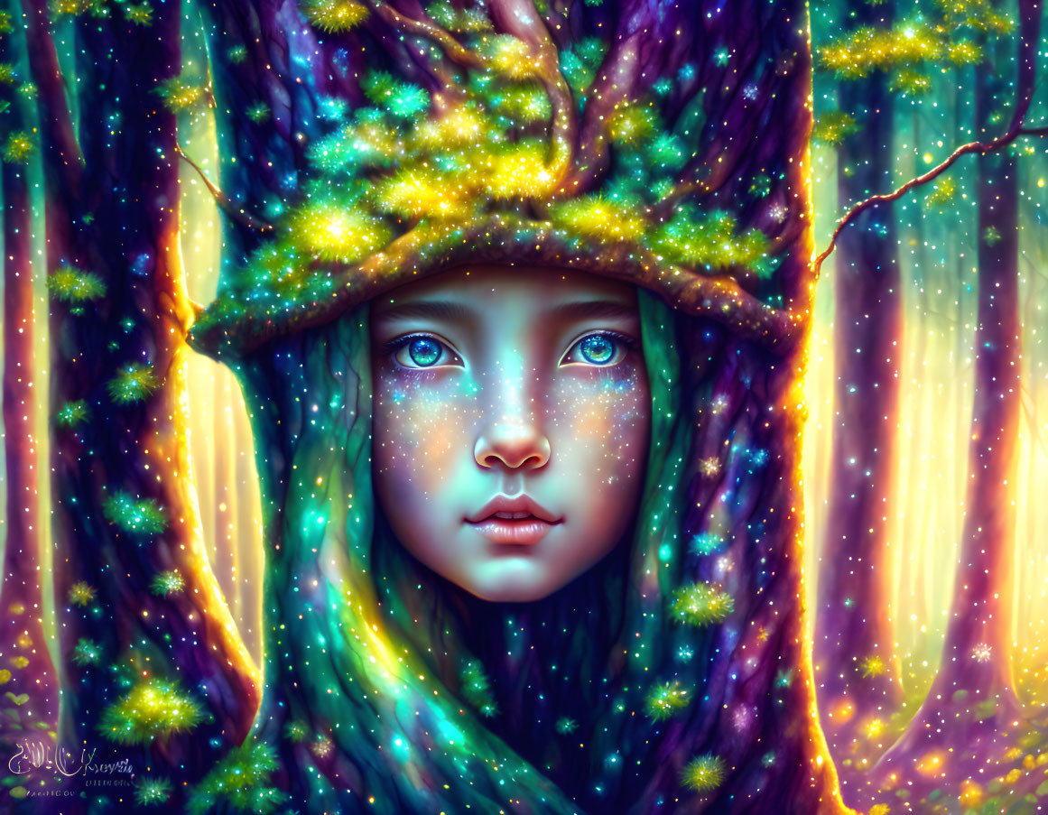 Portrait of a girl with cosmic tree headdress and surreal forest backdrop