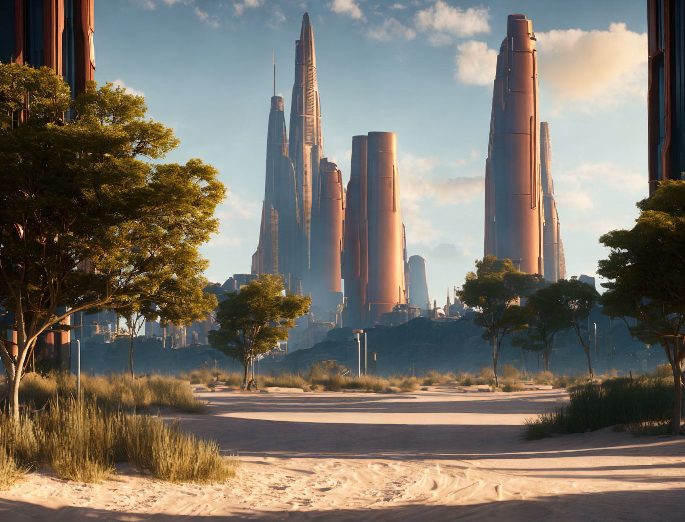 Futuristic cityscape with tall skyscrapers at sunset