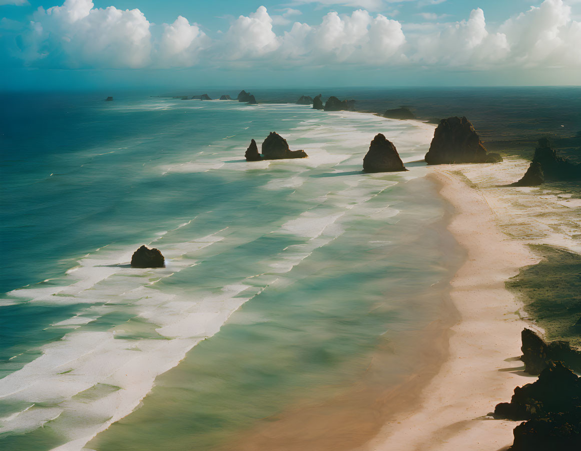 Tranquil coastal scene with rock formations and sandy beach