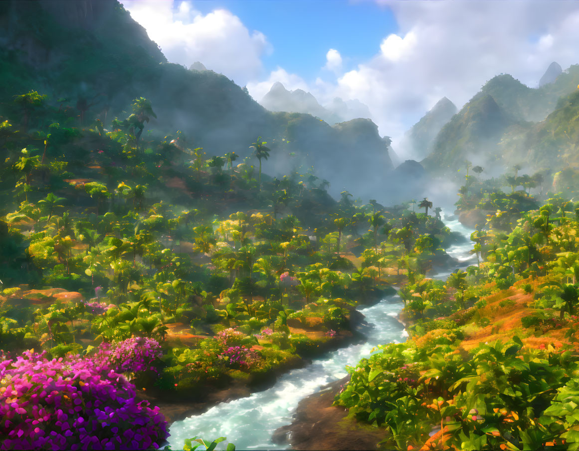 Tropical Valley with River, Flora, and Misty Mountains