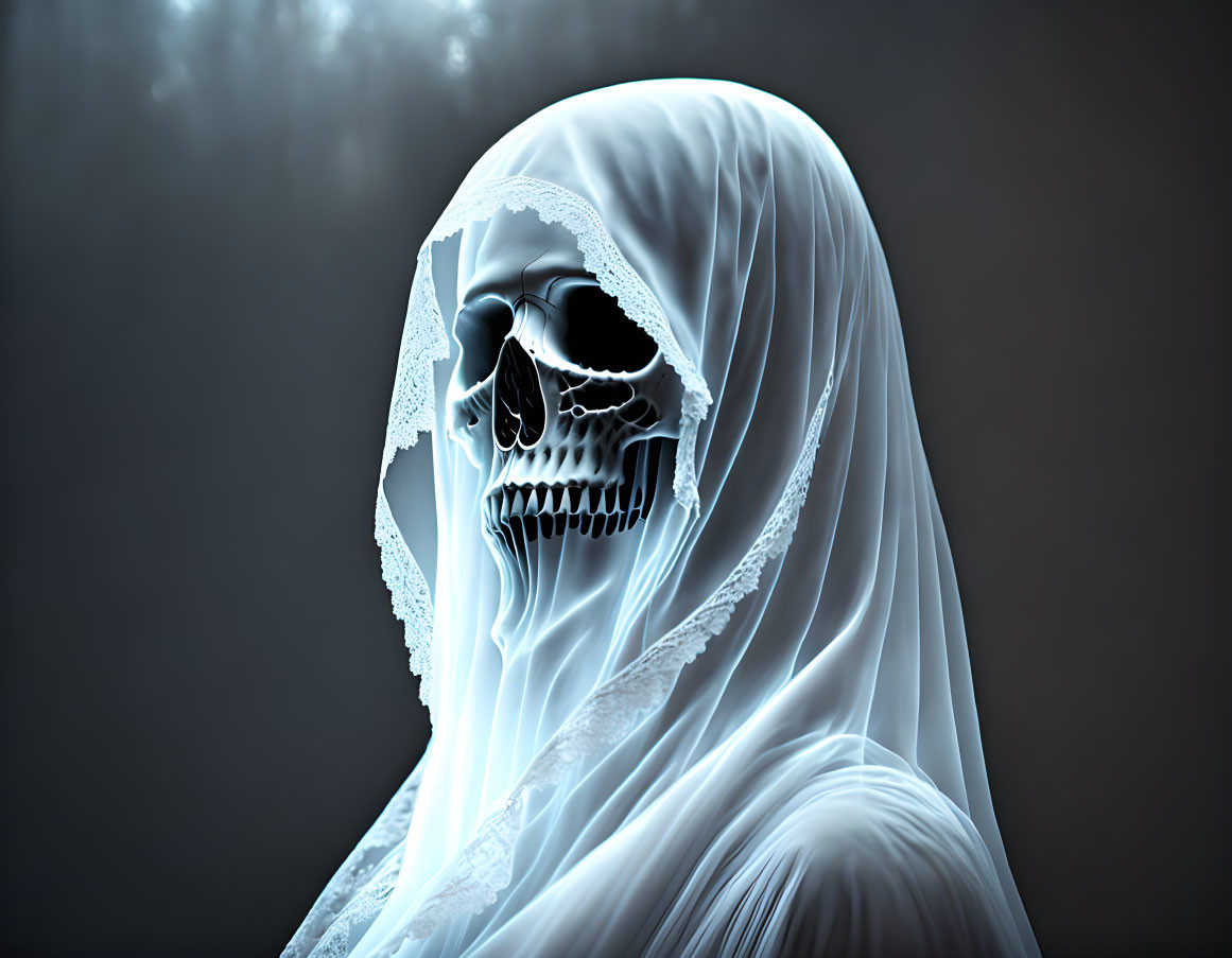 Skull superimposed on figure in white shroud on dark background