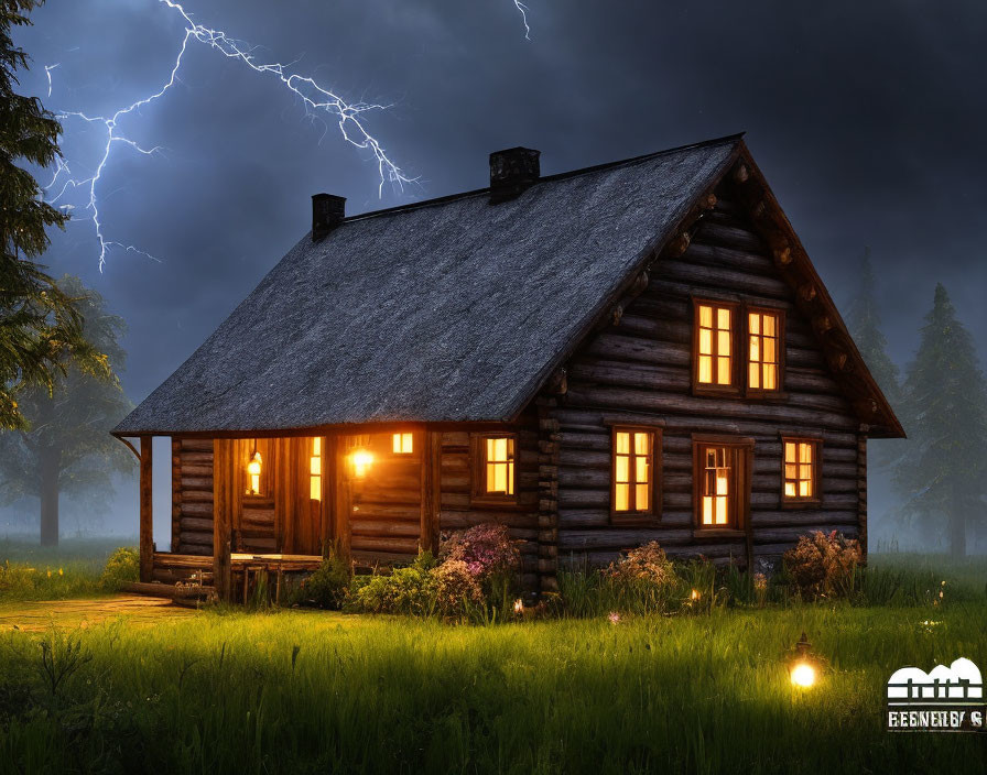 Wooden cabin illuminated in stormy night with lightning and mist