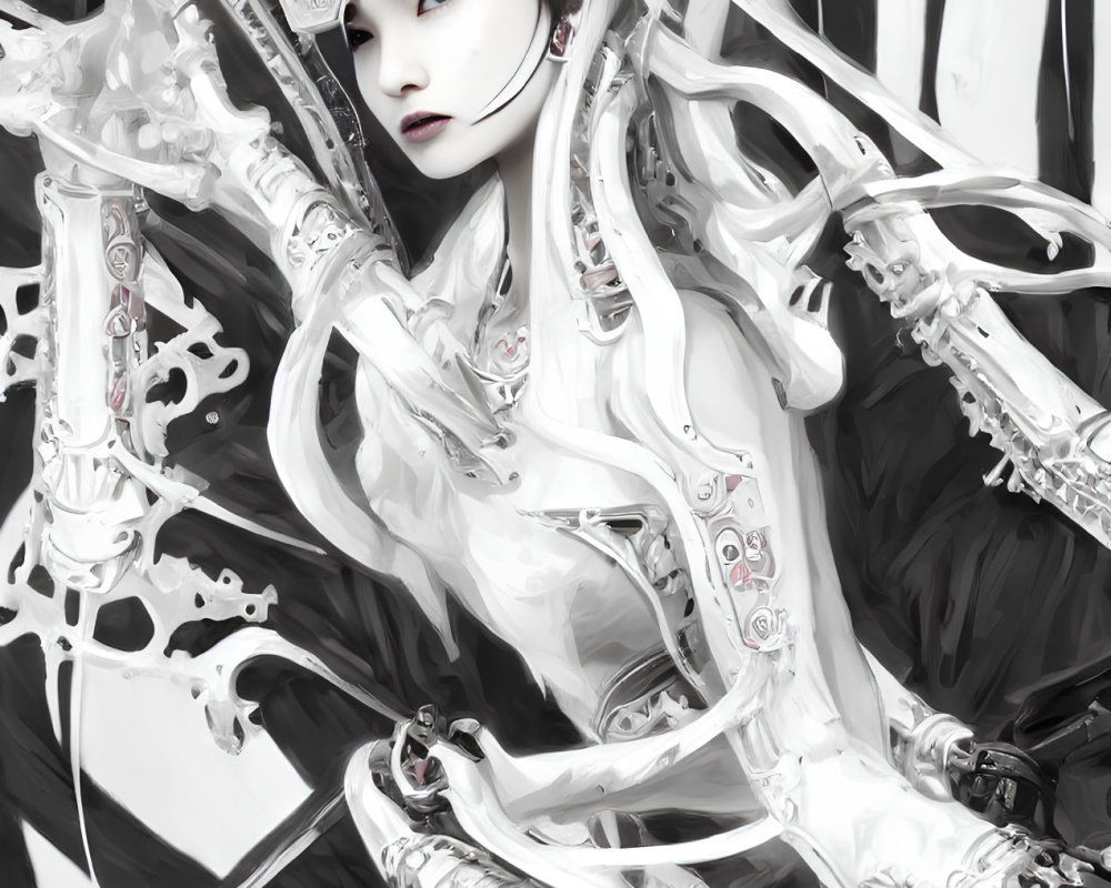 Monochrome illustration of powerful fantasy warrior woman in intricate armor