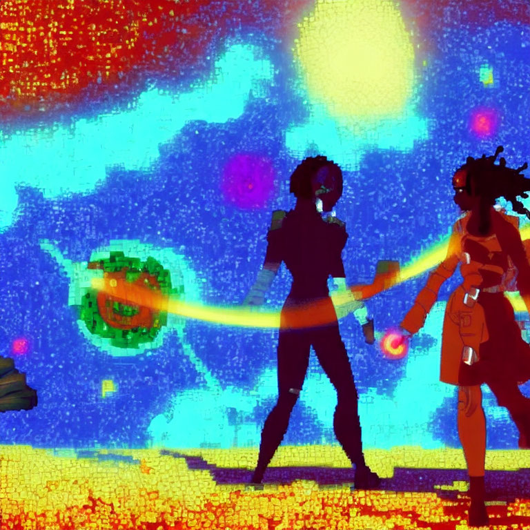 Stylized figures holding hands in vibrant energy beam against abstract, colorful background