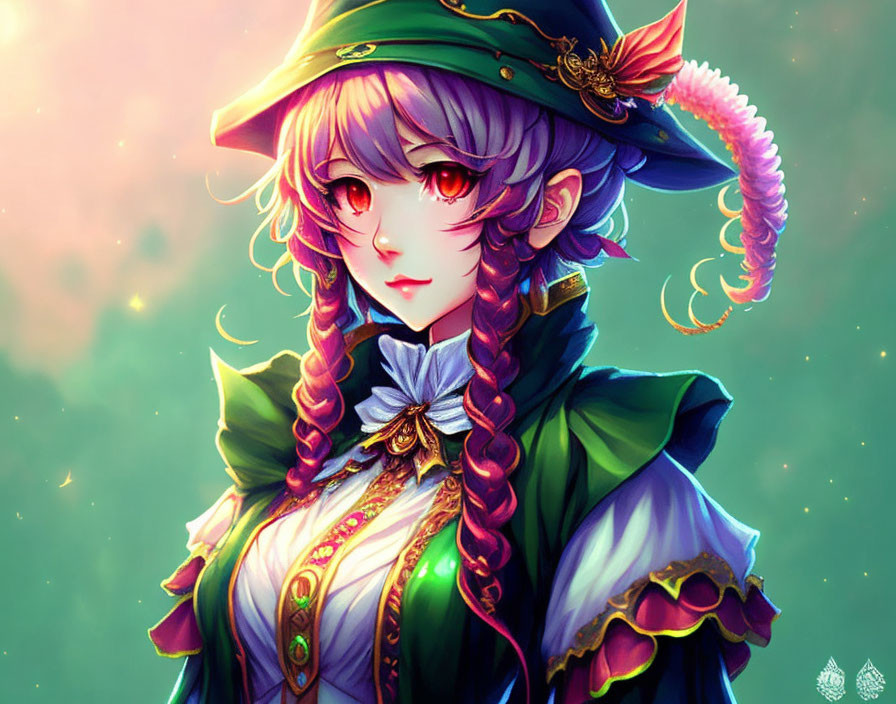 Illustrated female character in green and gold pirate attire with purple hair on soft green backdrop