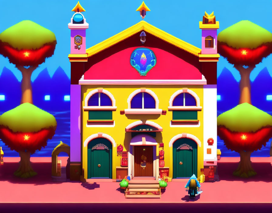 Vibrant cartoon character in front of colorful building and mountains