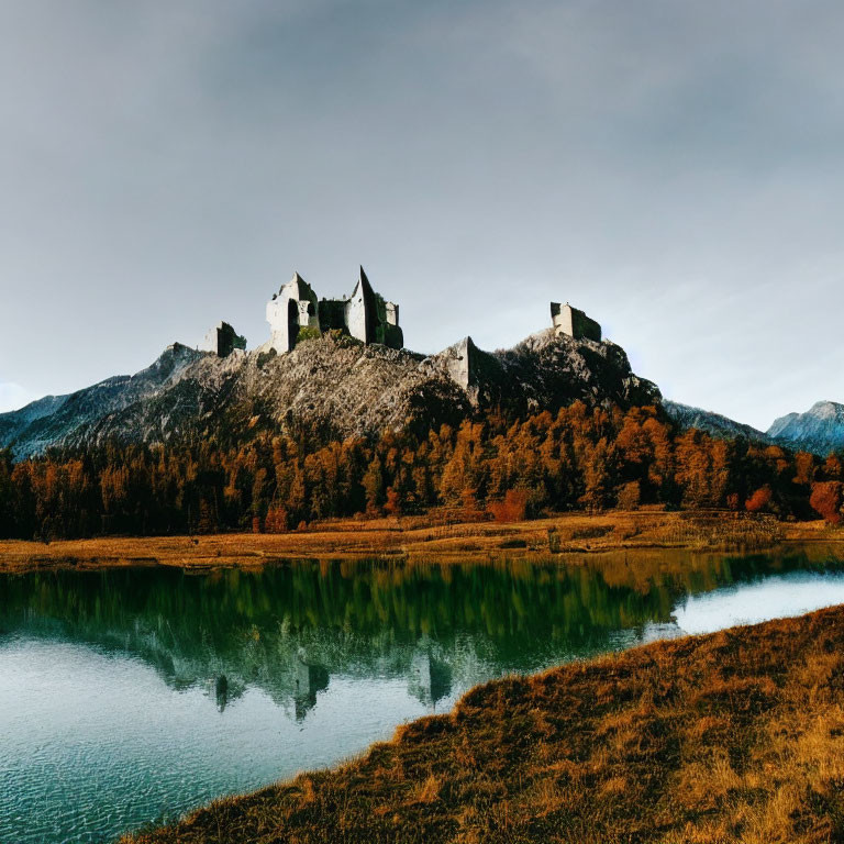 Majestic castle on rocky hill mirrored in tranquil lake with autumn trees.