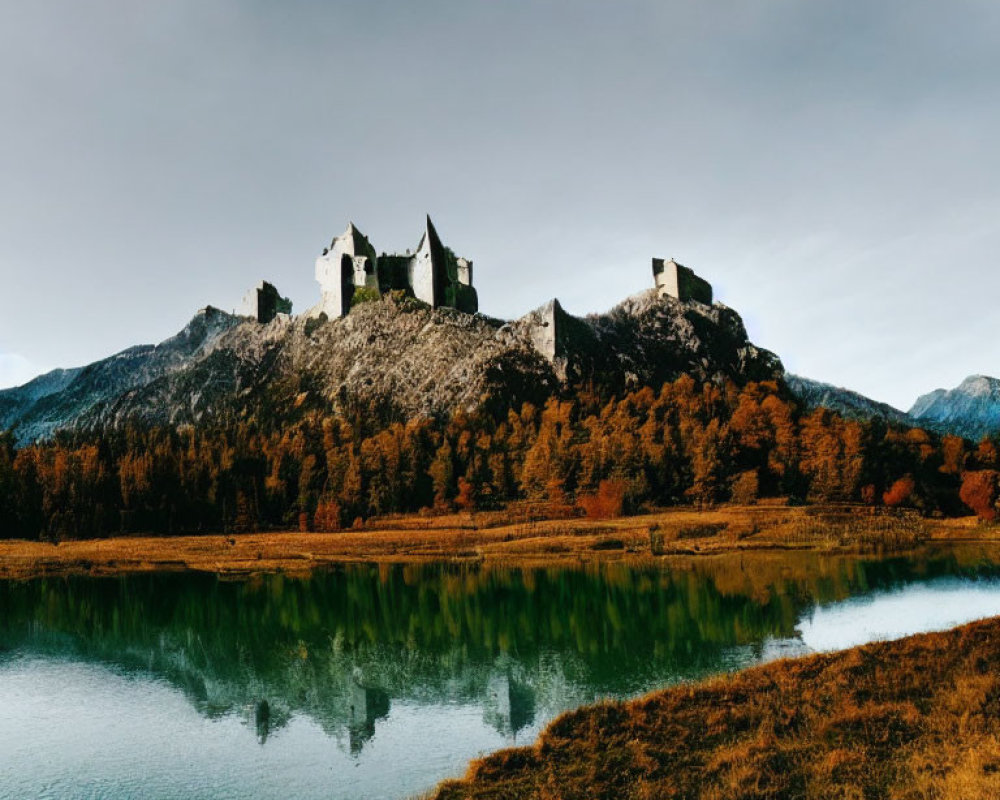 Majestic castle on rocky hill mirrored in tranquil lake with autumn trees.