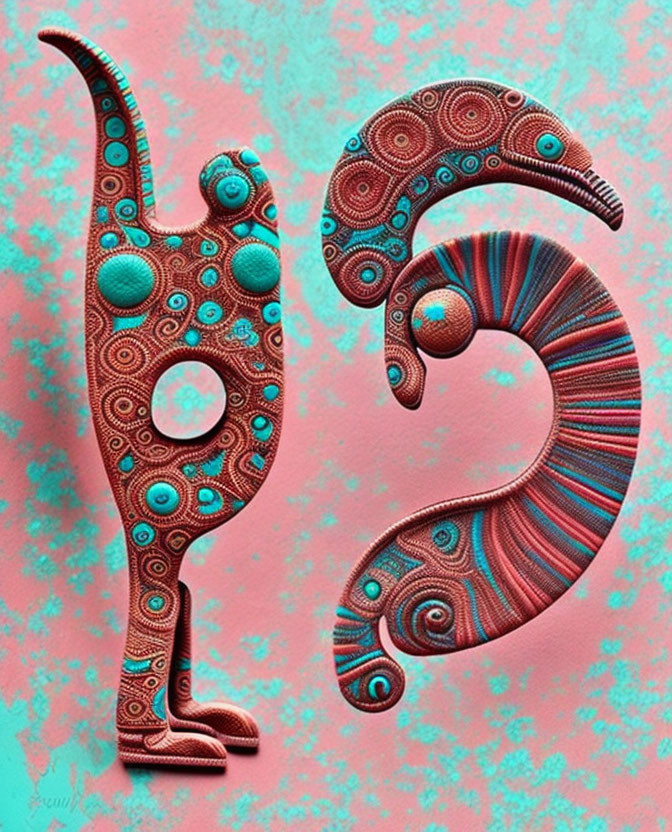 Ornate seahorse-like figures in abstract art on pink background