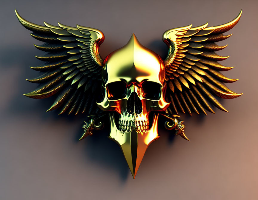 Gold-tone skull with wings, aviator glasses, and blade on beige background