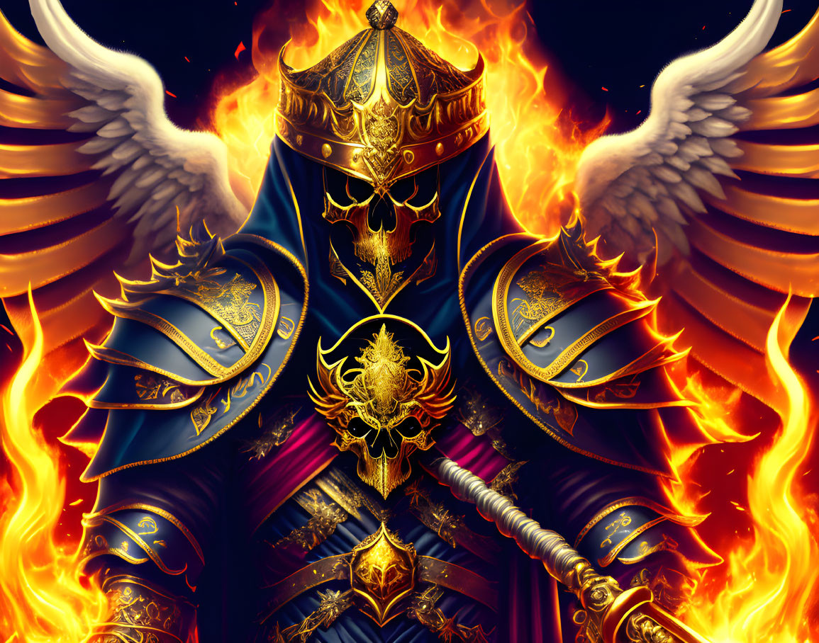 Fantasy armored figure with skull motif engulfed in flames and winged helmet against dark backdrop