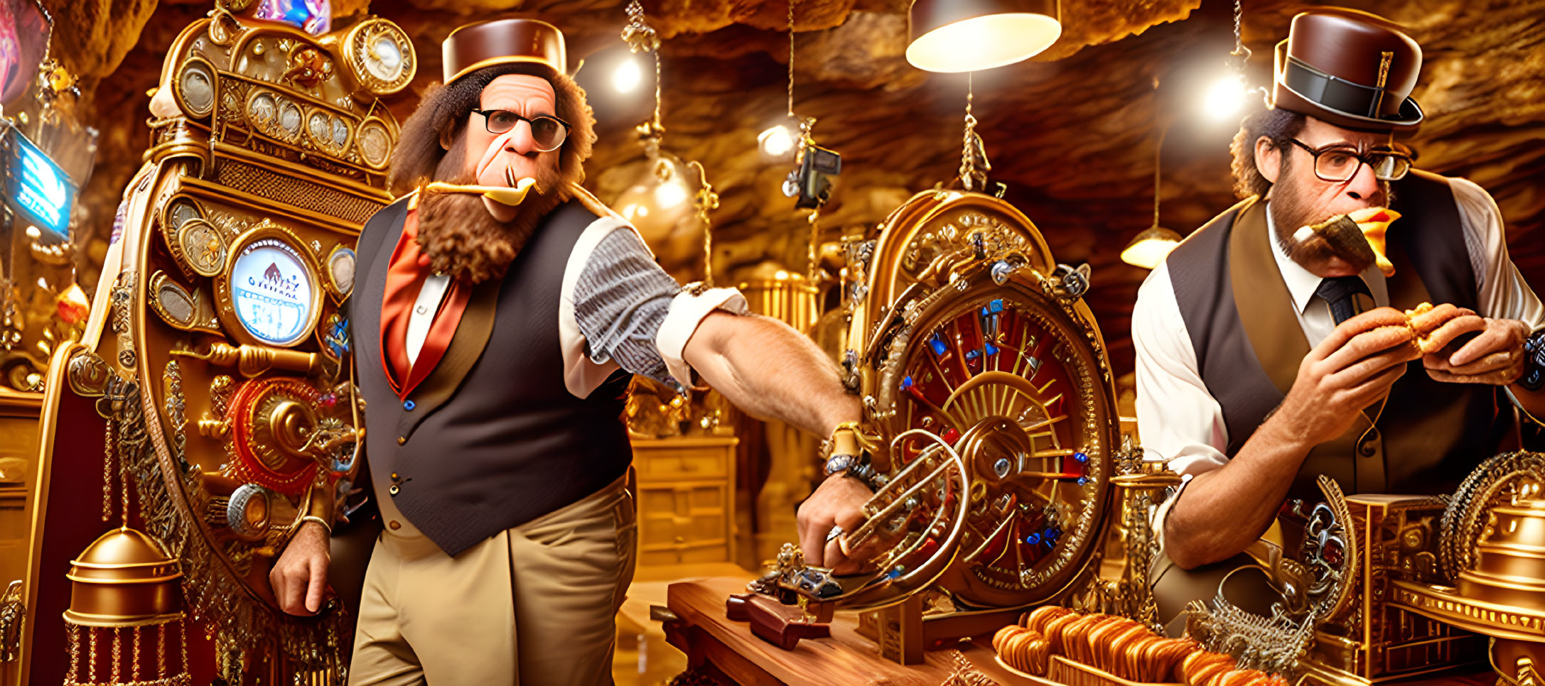 Stylized animated figures in detailed steampunk setting smoking pipe and eating sandwich near gears