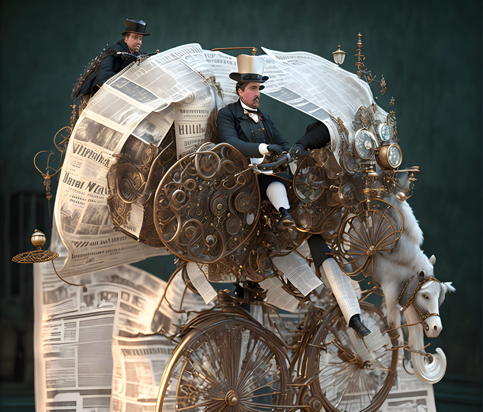 Steampunk-style carriage with newspaper detailing and gentlemen in top hats, showcasing elaborate gears and a mechanical