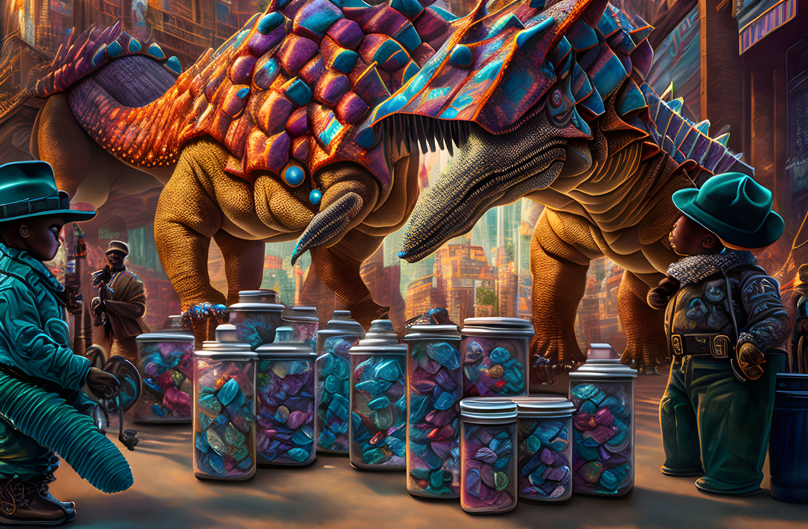 Vibrant market scene with people, dinosaur-like creatures, and gem-filled jars.