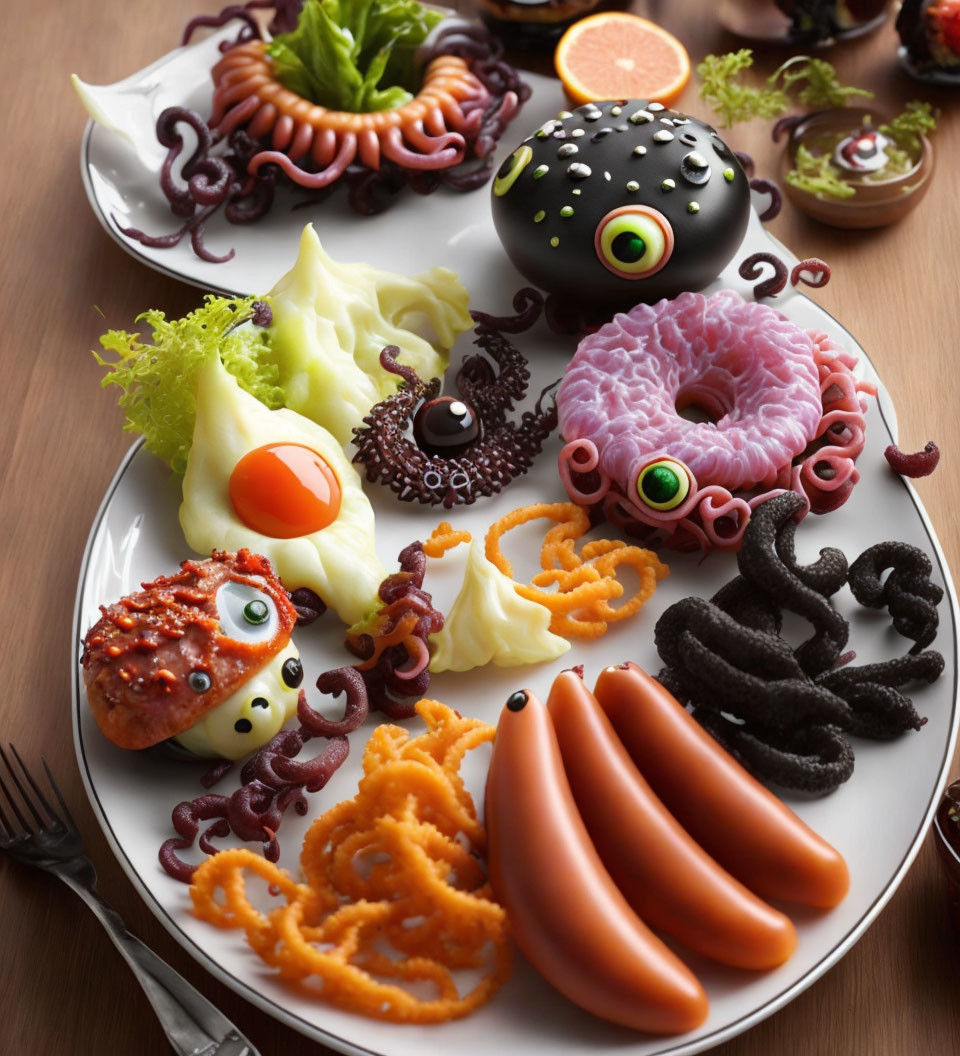 Spooky Halloween-themed food platter with sausage tentacles and monster doughnuts