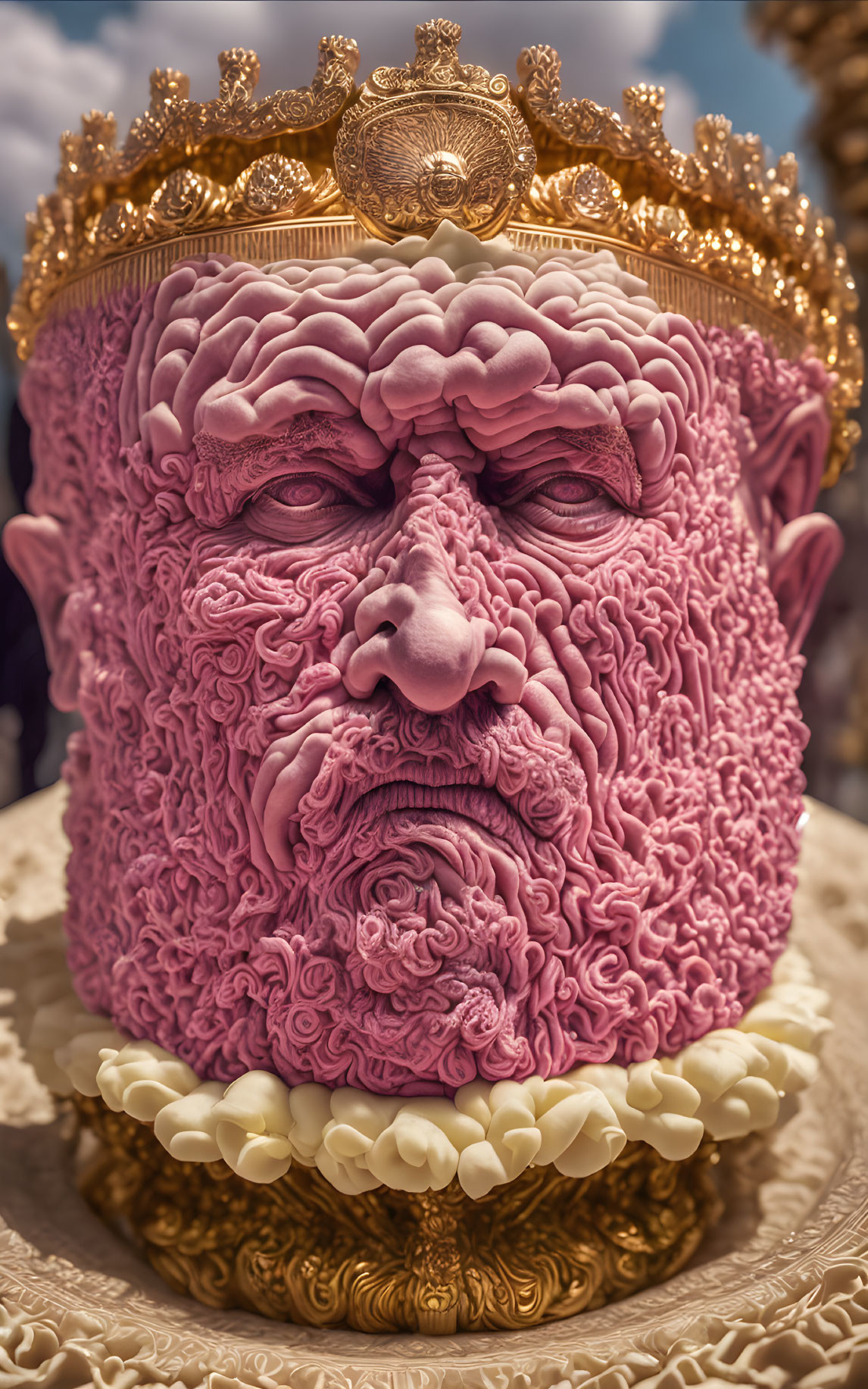 Pink and Gold King Face Cake with Intricate Icing Work