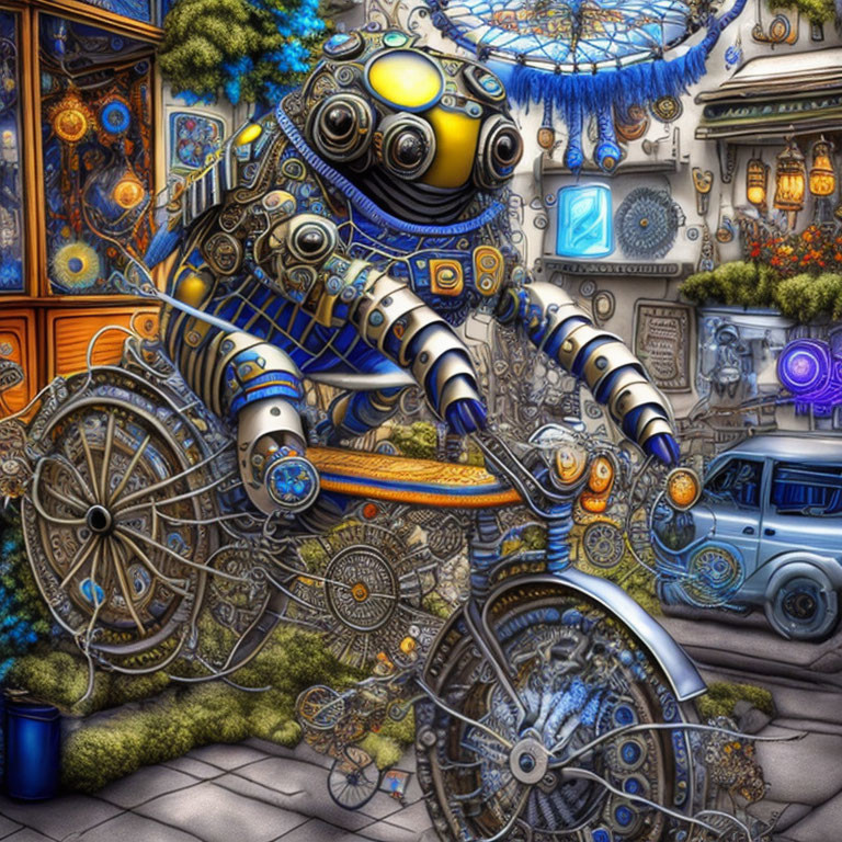 Steampunk-style robot on bicycle in whimsical mechanical environment