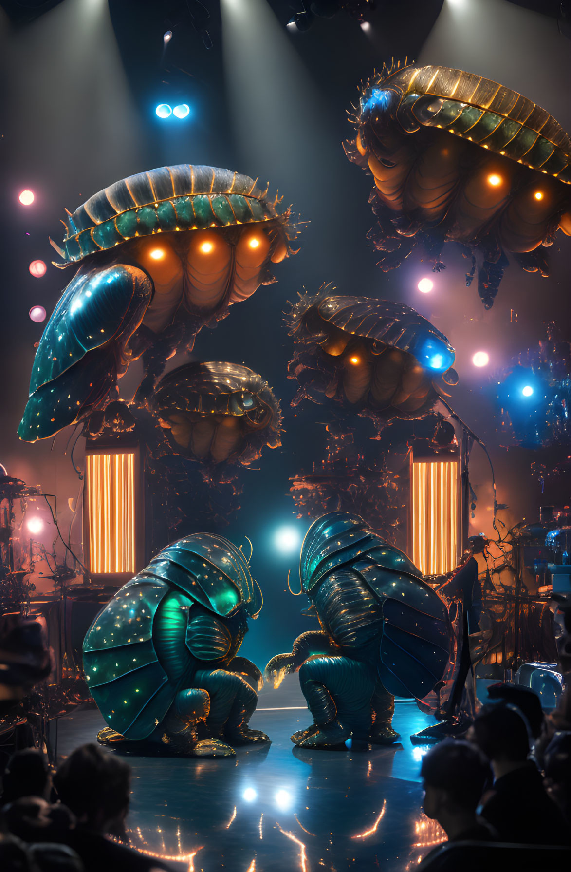 Futuristic concert featuring large mechanical beetle creatures under blue and orange lights