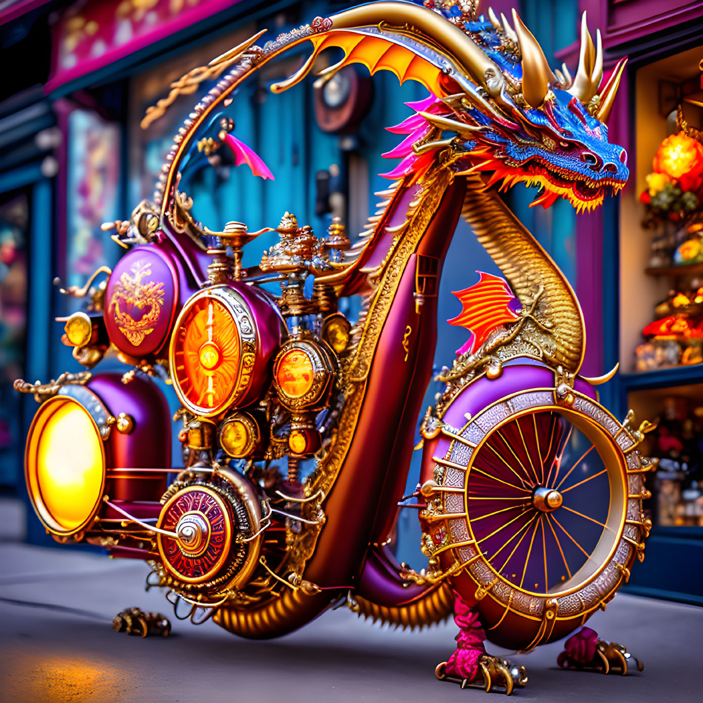 Steampunk dragon sculpture with ornate wheels, gears, vibrant colors