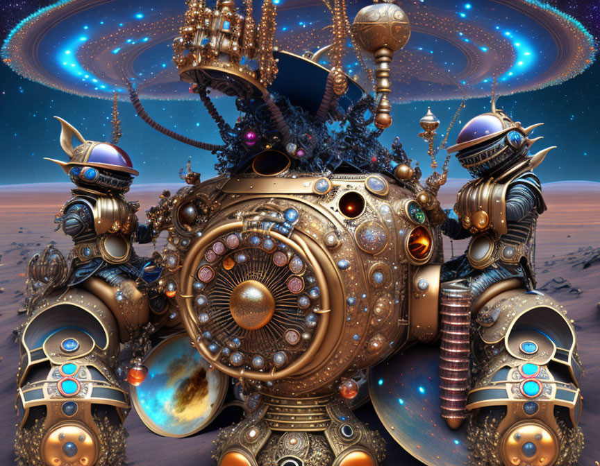 Steampunk machinery and robot-like figures in cosmic setting