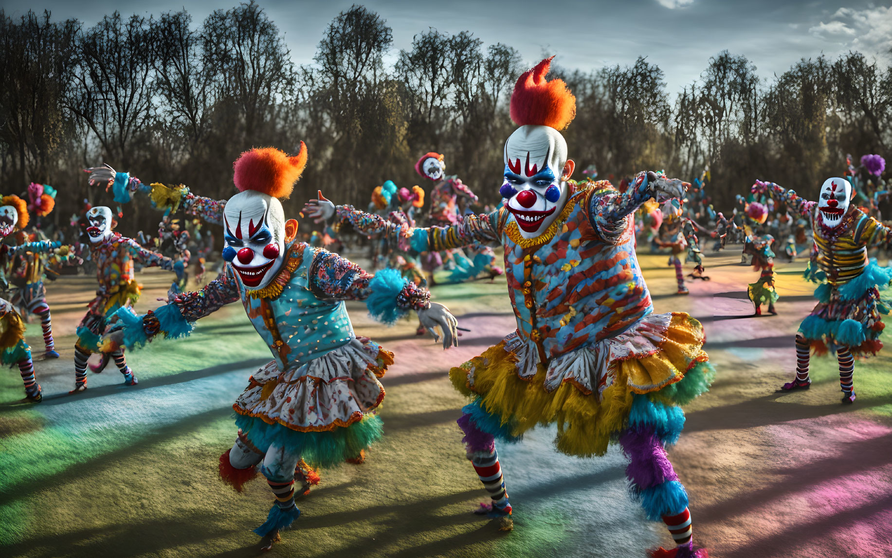 Colorful Clowns Dancing in Festive Outdoor Scene