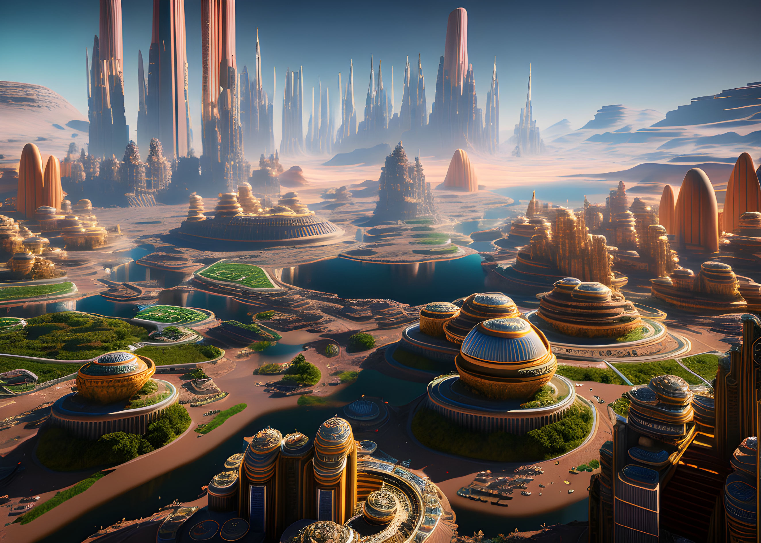 Futuristic cityscape with domed structures and towering spires in desert setting