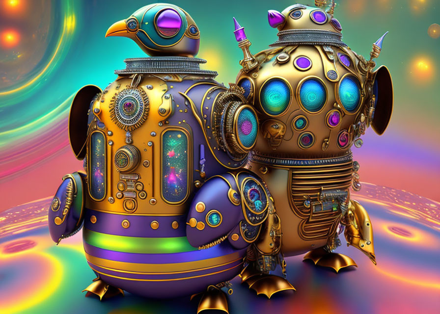 Colorful steampunk robotic birds on vibrant background