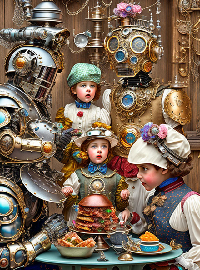 Children in vintage attire observe robots serving a multi-layered sandwich amidst steampunk machinery.