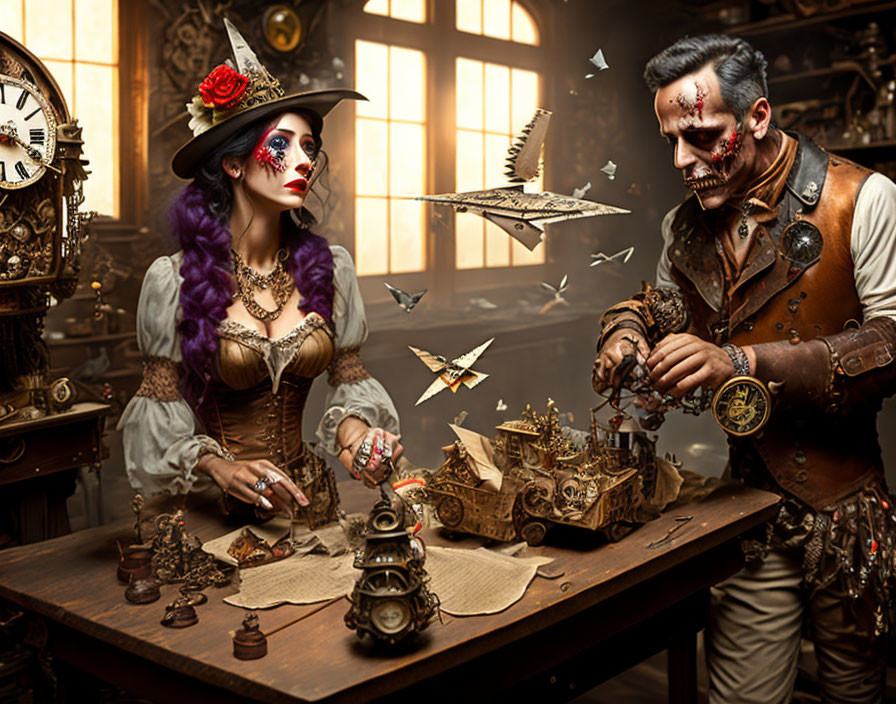 Steampunk-themed image featuring Victorian-dressed couple with gears, clocks, and paper birds.